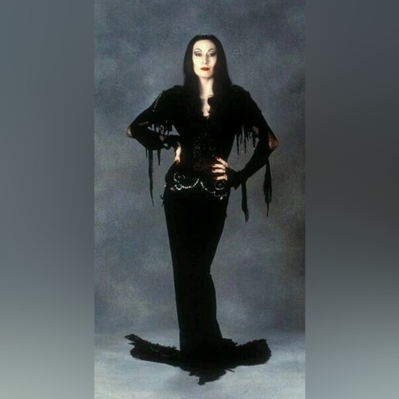 Morticia Elvira Deep V Black Dress Leg Slit Small Influencer Cosplay Role Play - Picture 5 of 12